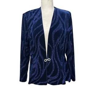 Vtg R&M Richards Karen Kwong Blue Velvet Silver Clasps Tunic Jacket Womens Sz 14
